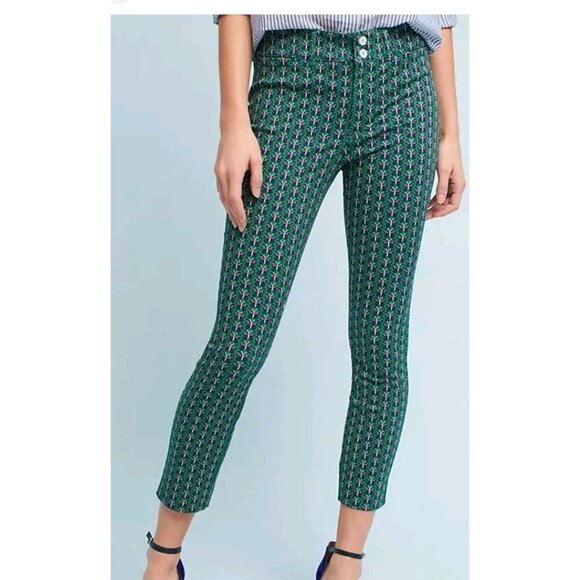 Anthropologie Womens Slim Trouser Pants Size 2 Green Butterfly Print - Picture 1 of 9